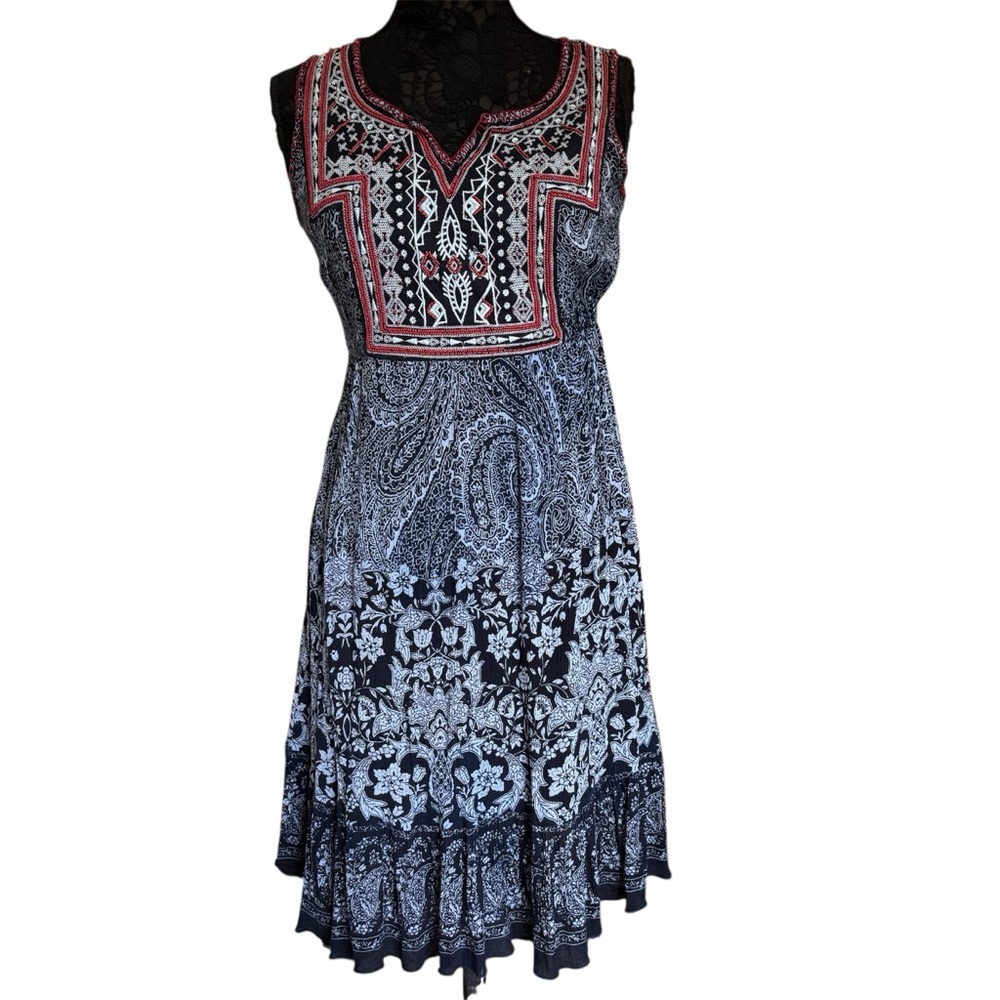 Bila Beaded Navy Blue and Red Sleeveless Bohemian Midi Dress Small